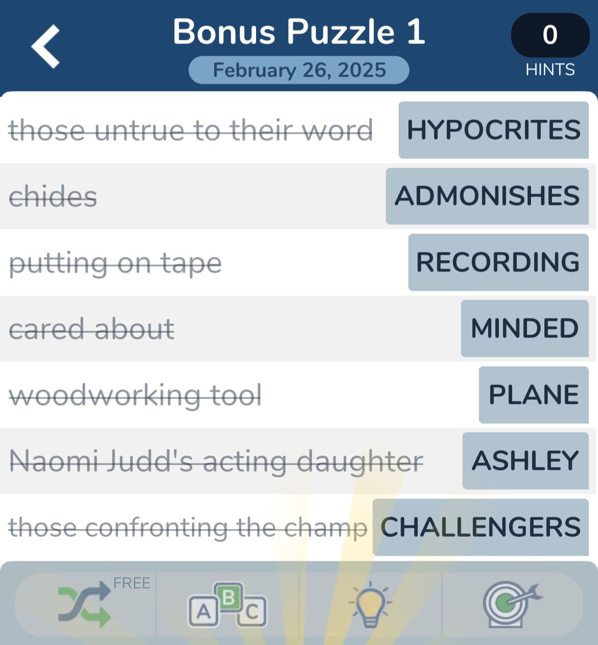 Word puzzle screenshot with clues and answers.