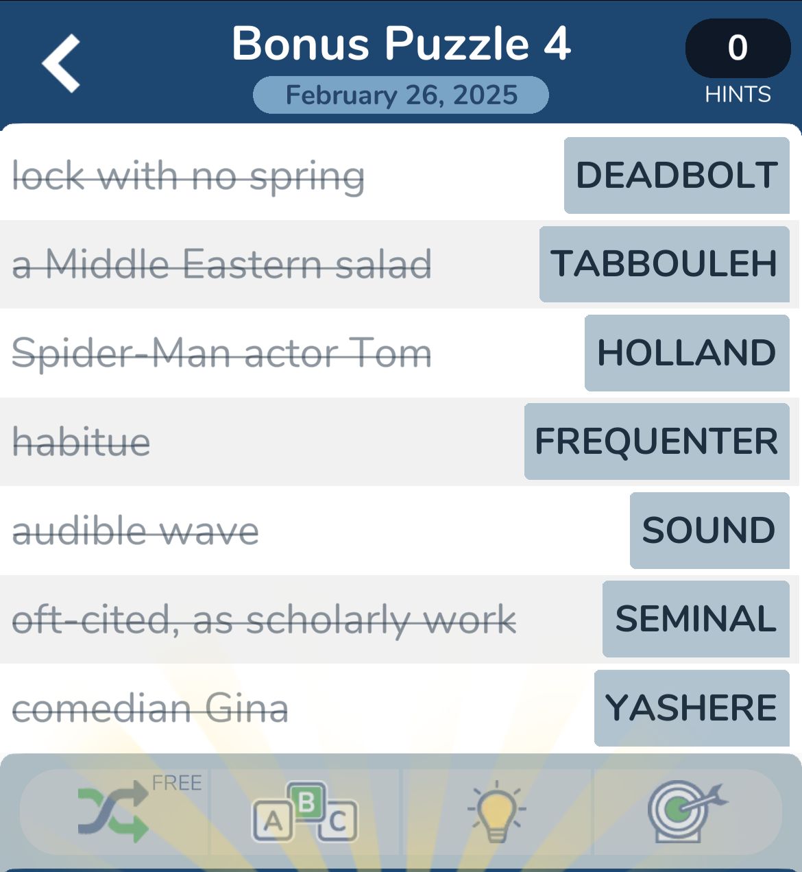 Crossword puzzle answers: deadbolt, tabbouleh, Holland, etc.