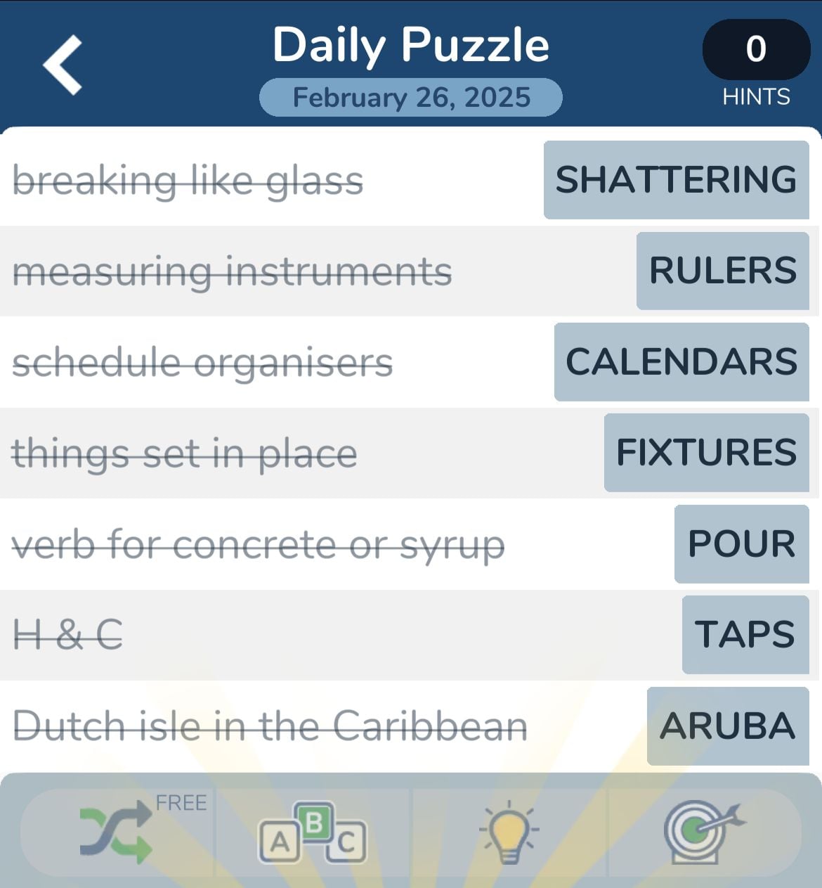 Daily puzzle answers with date February 26, 2025