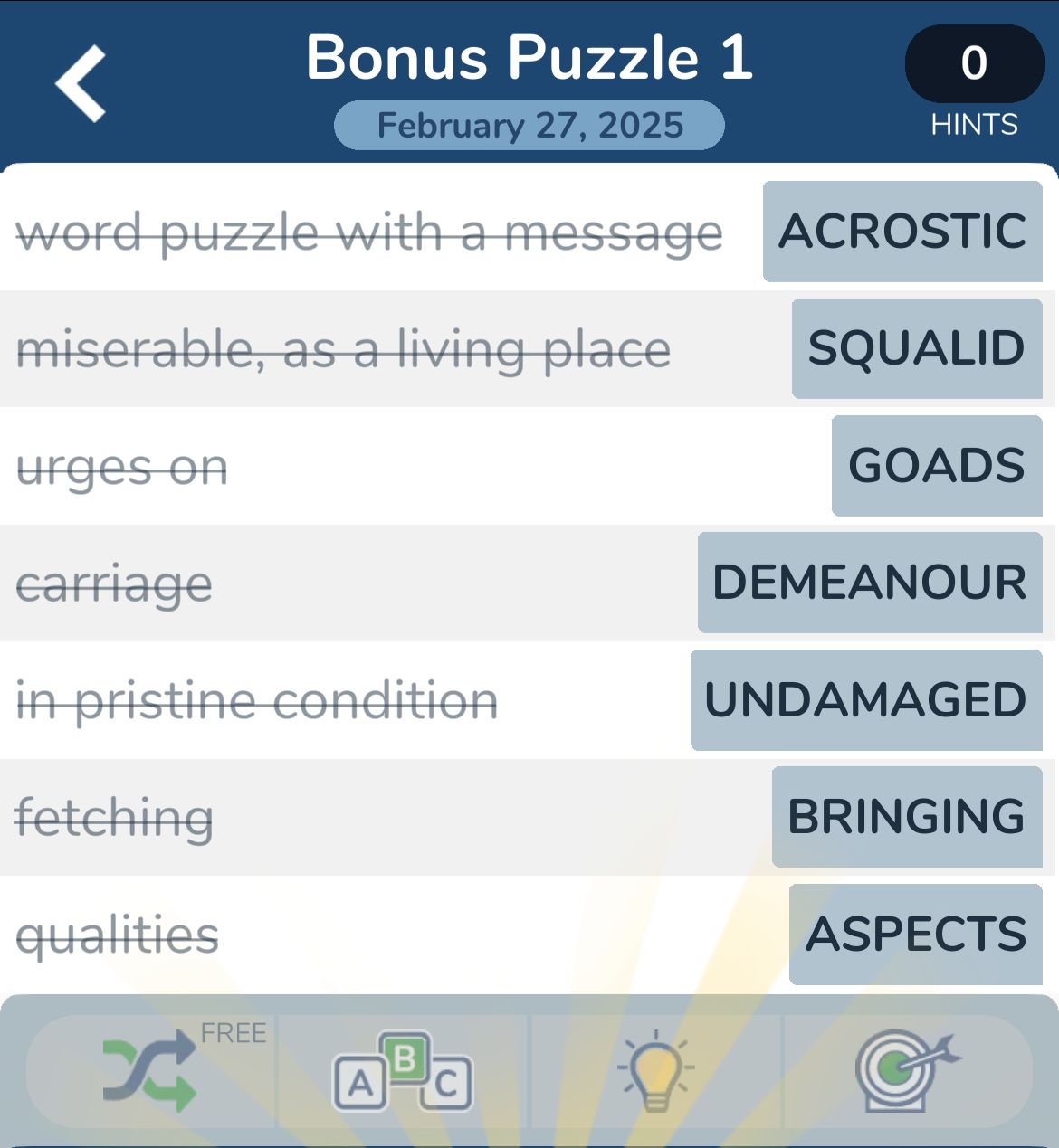 Crossword puzzle clues and answers screen