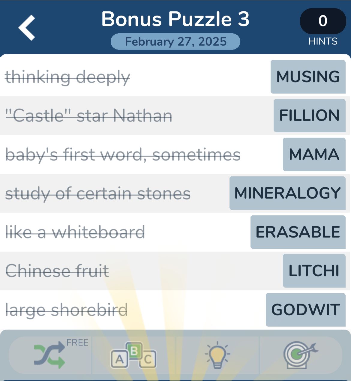 Word puzzle with clues and answers on screen.
