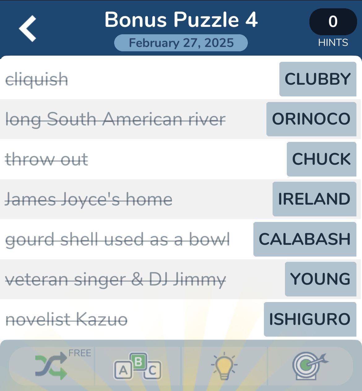 Crossword puzzle answers list with various clues.