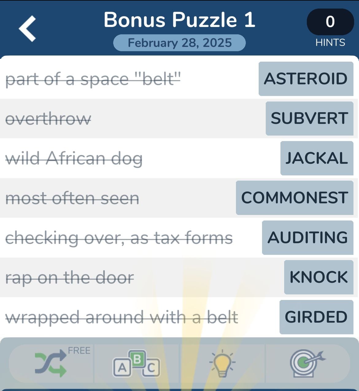 7 Little Words February 28 2025 Bonus 1 Crossword puzzle with seven clues and answers.