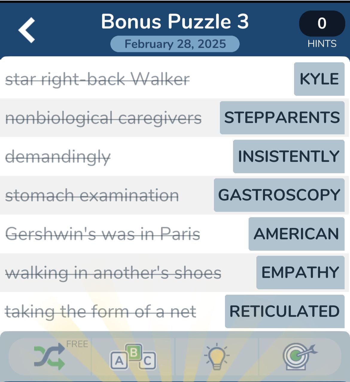 7 Little Words February 28 2025 Bonus 3 Word puzzle game with clues and answers.