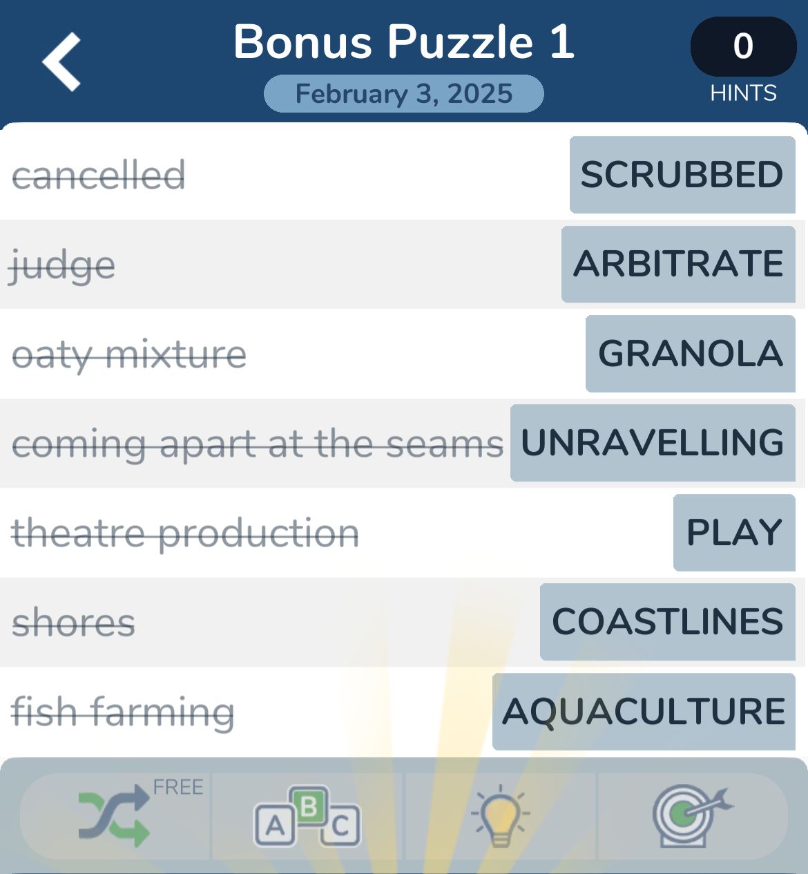 Word puzzle solutions include scrubbed, arbitrated, granola.