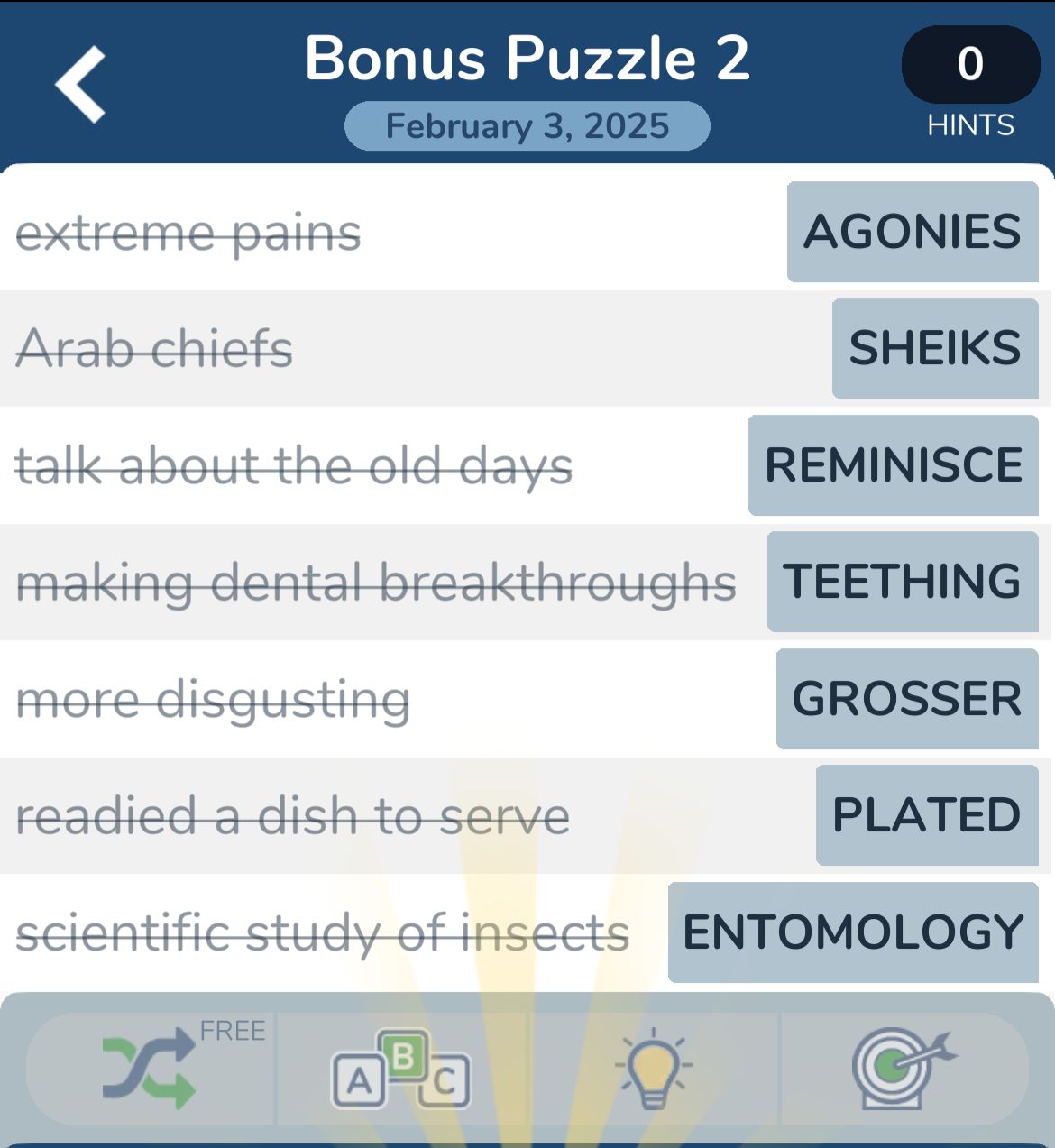 Word puzzle solutions with matching clues.