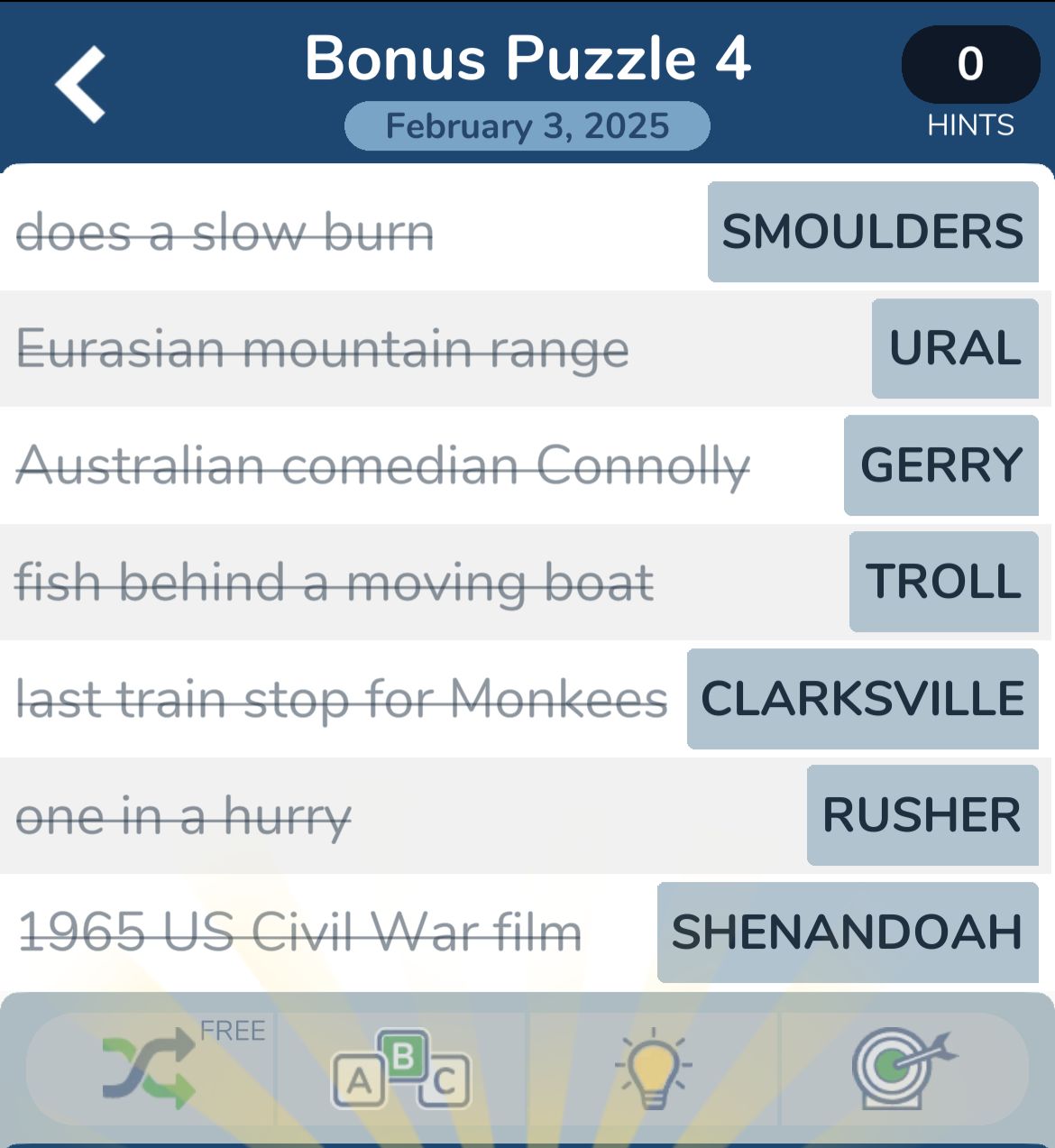 Word puzzle with clues and answers.