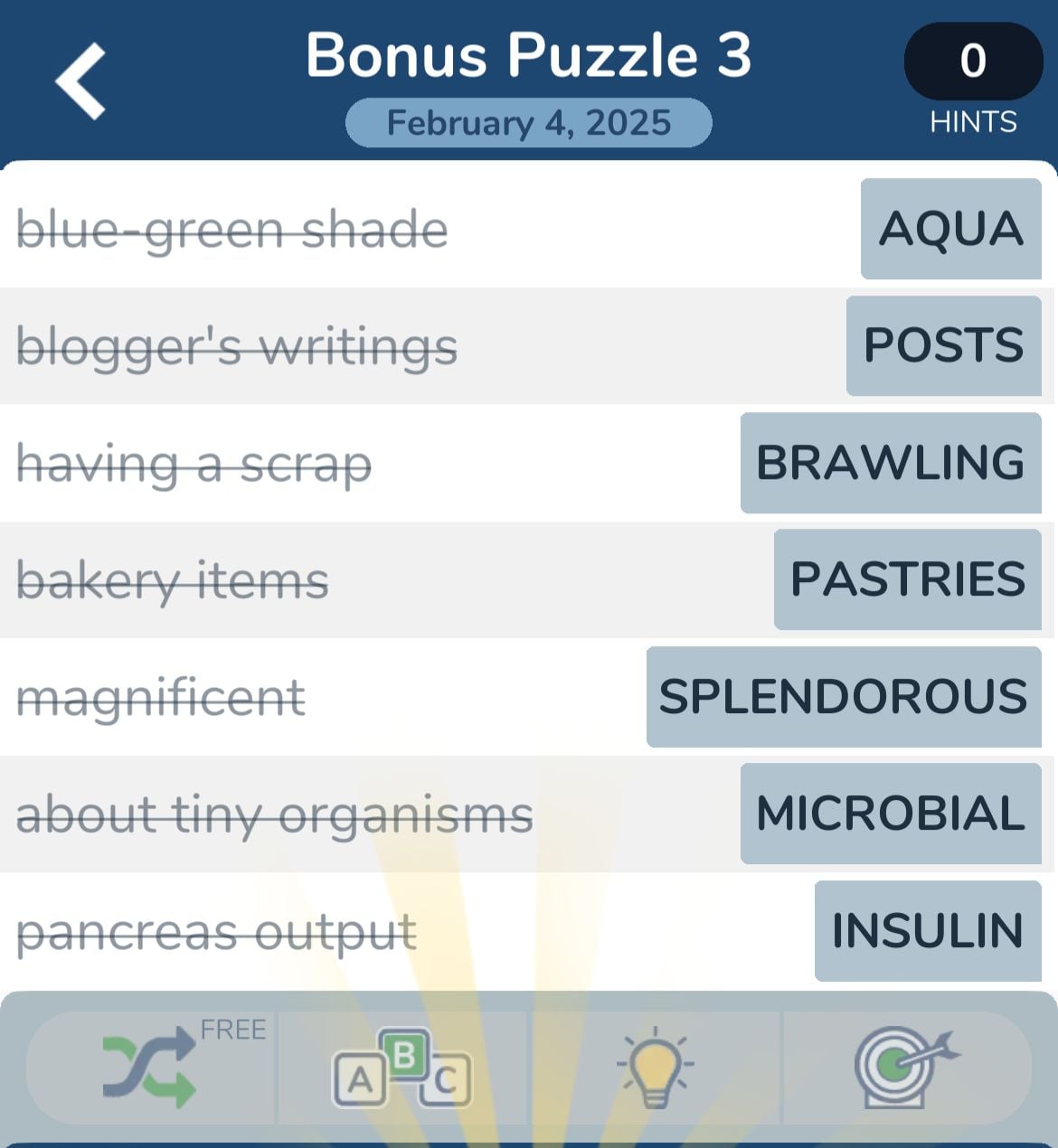 Word puzzle answers with clues shown on screen.