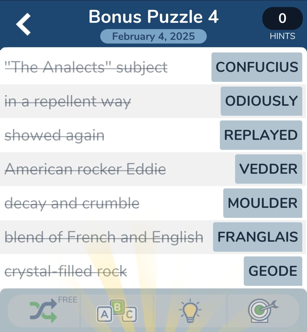 Word puzzle game with February 4, 2025 date.