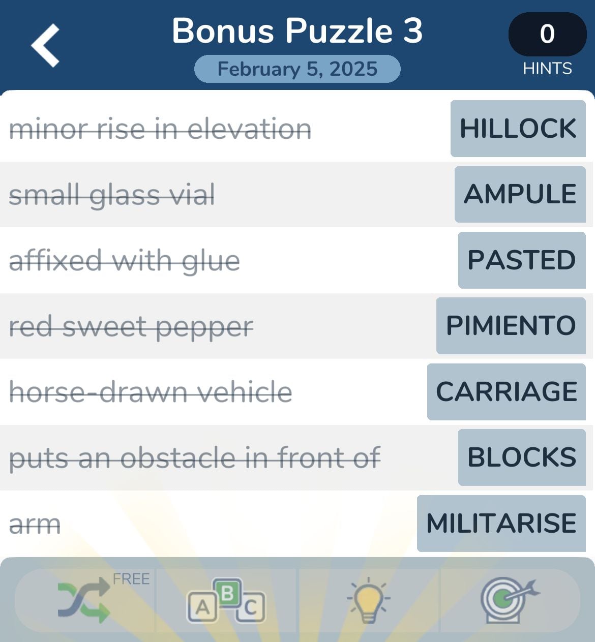Word puzzle clues with answers on screen.