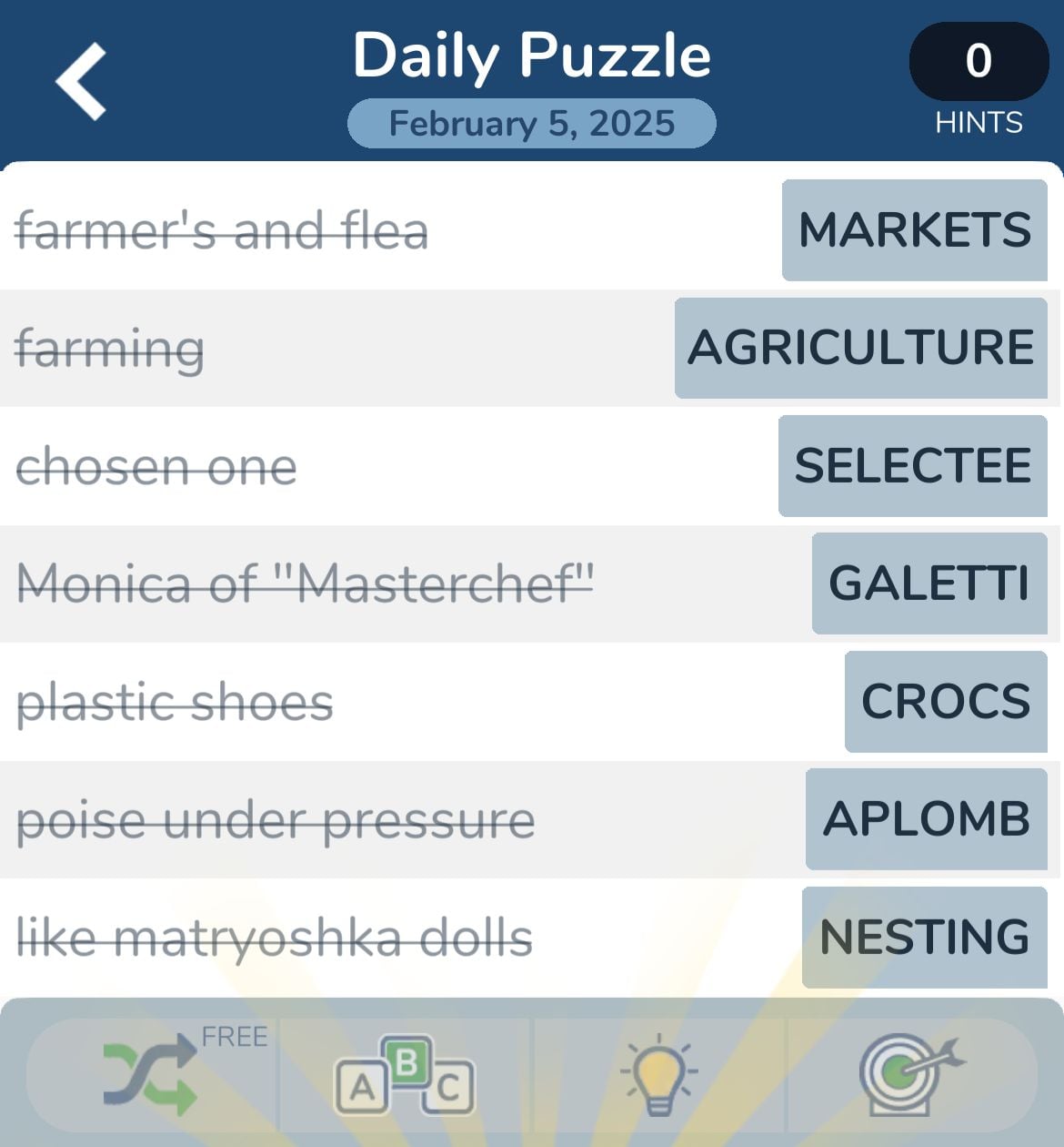 Word puzzle clues and answers, February 5, 2025.