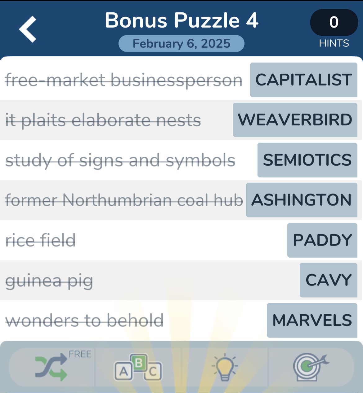 Word puzzle clues with corresponding answers.