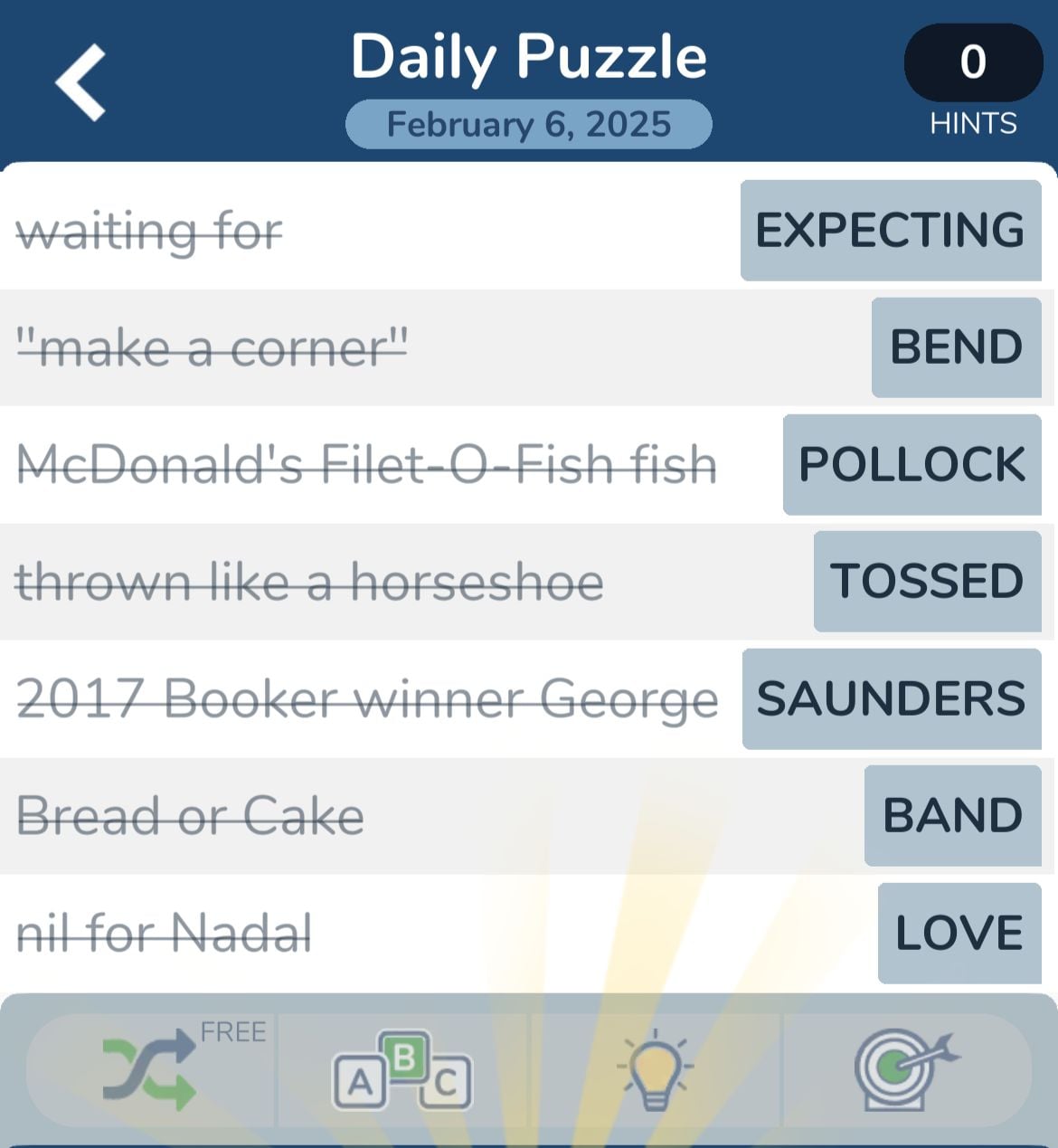 Daily puzzle clues and answers from February 6, 2025.
