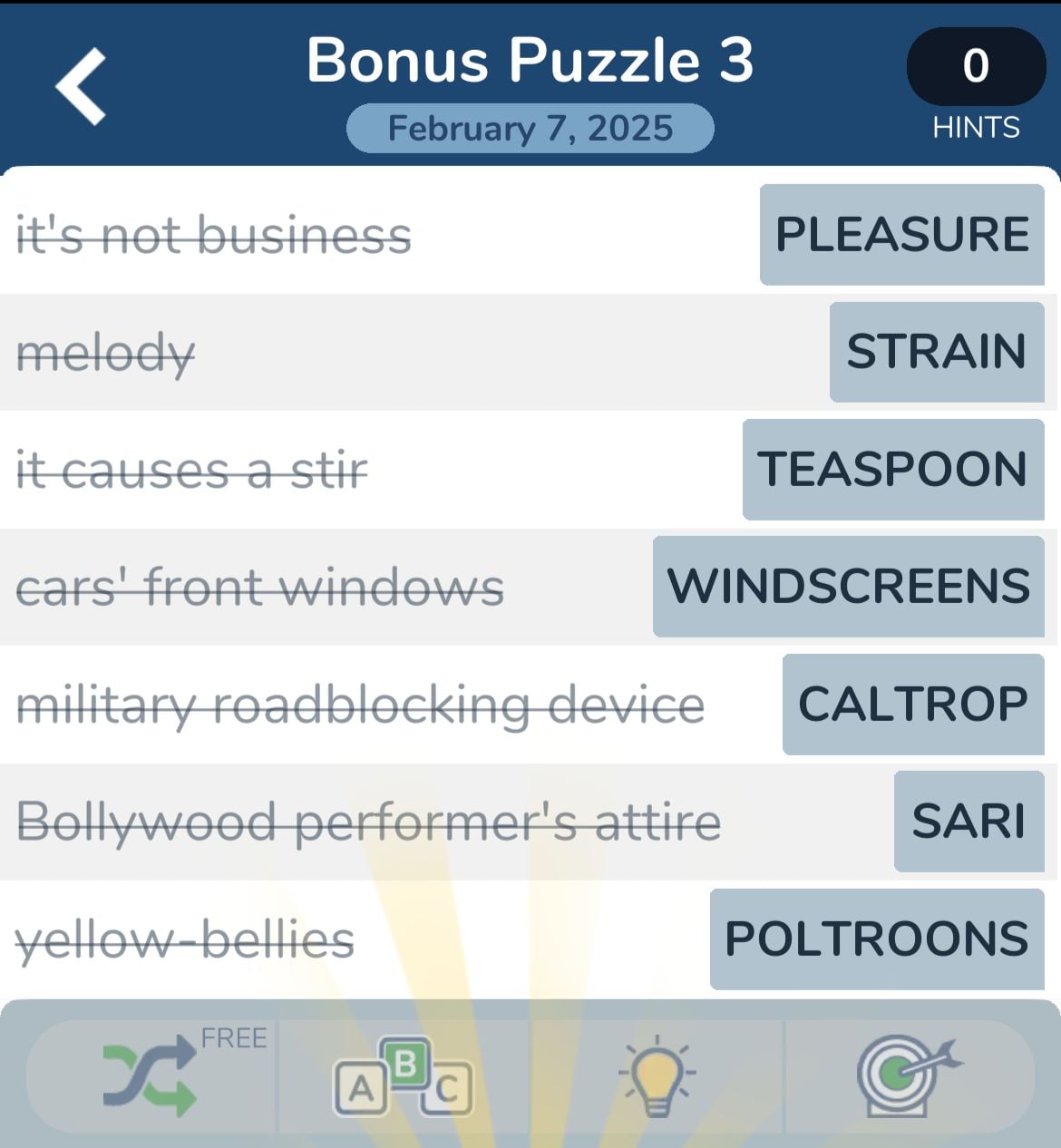 Word puzzle game clues and answers, February 7, 2025.