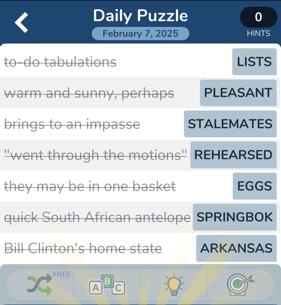 Word puzzle clues with corresponding answers.
