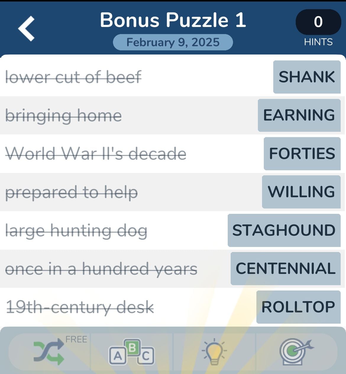Word puzzle with hints and answers for February 2025.