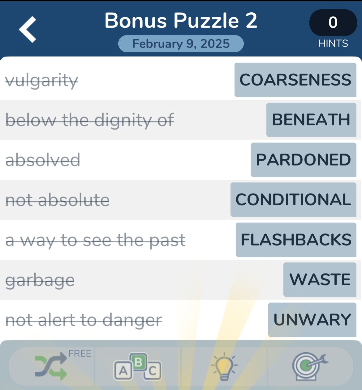 Word puzzle with synonyms and February 9, 2025 date.