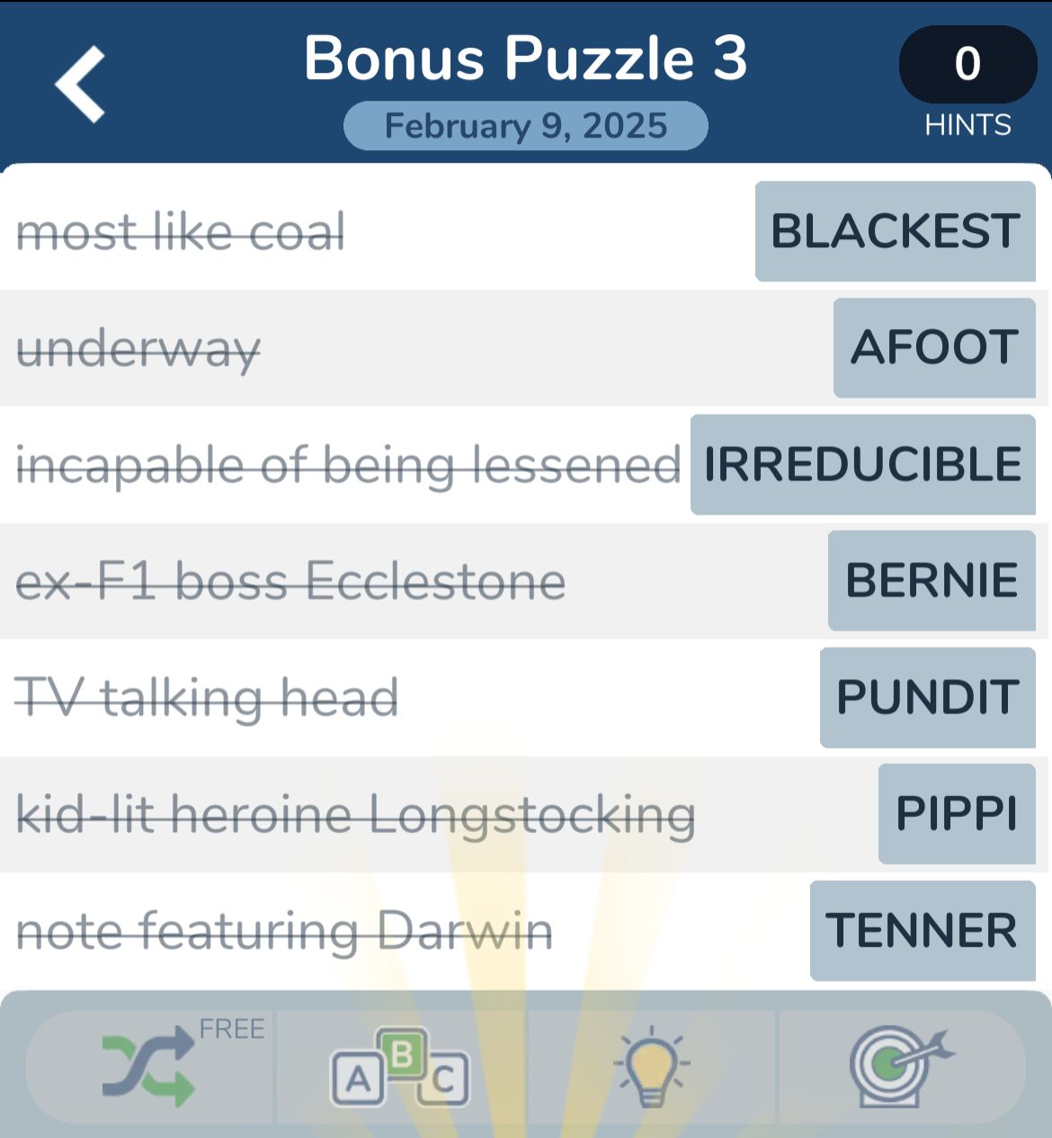 Bonus Puzzle 3 word clues and answers game