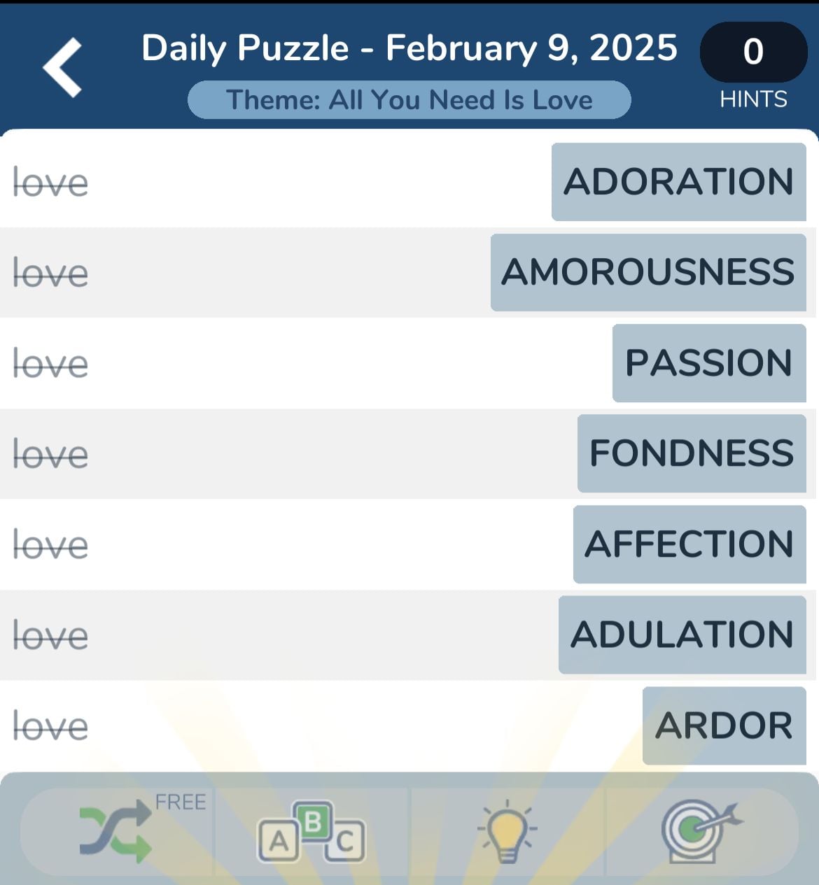 Word puzzle synonyms for love theme.