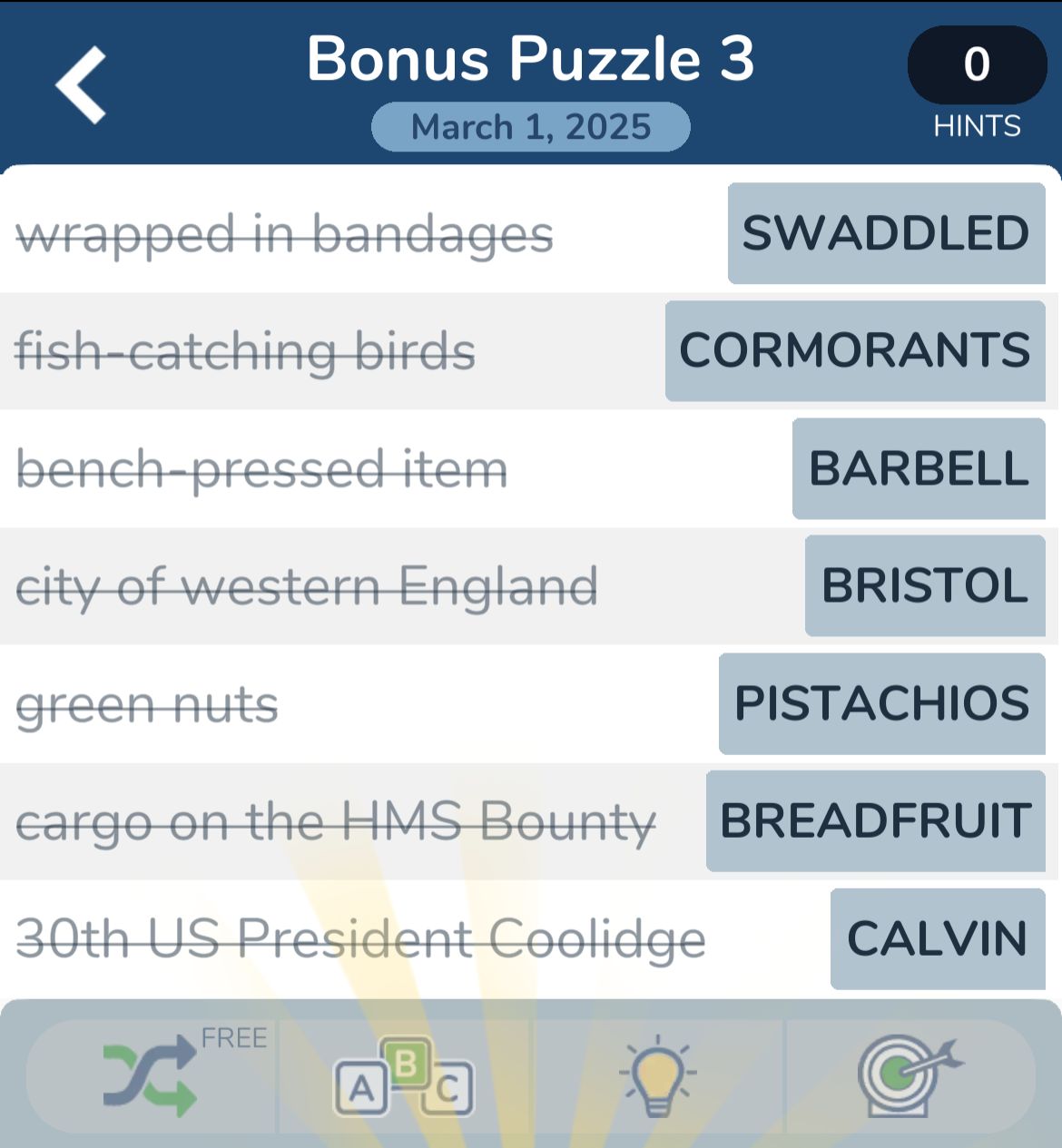Crossword puzzle answers: Swaddled, Cormorants, Barbell, Bristol