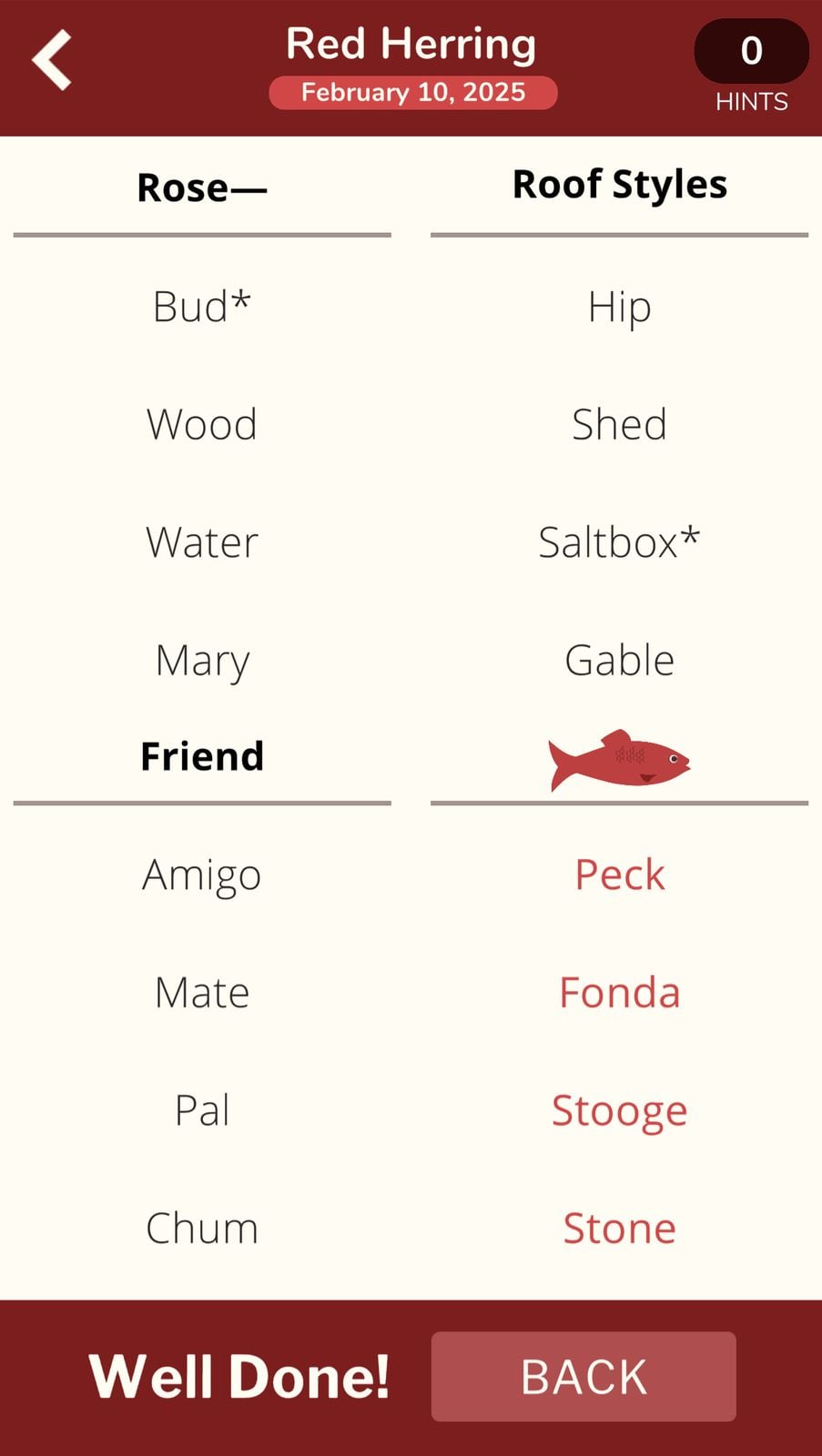 Word game categories with answers and a red herring.