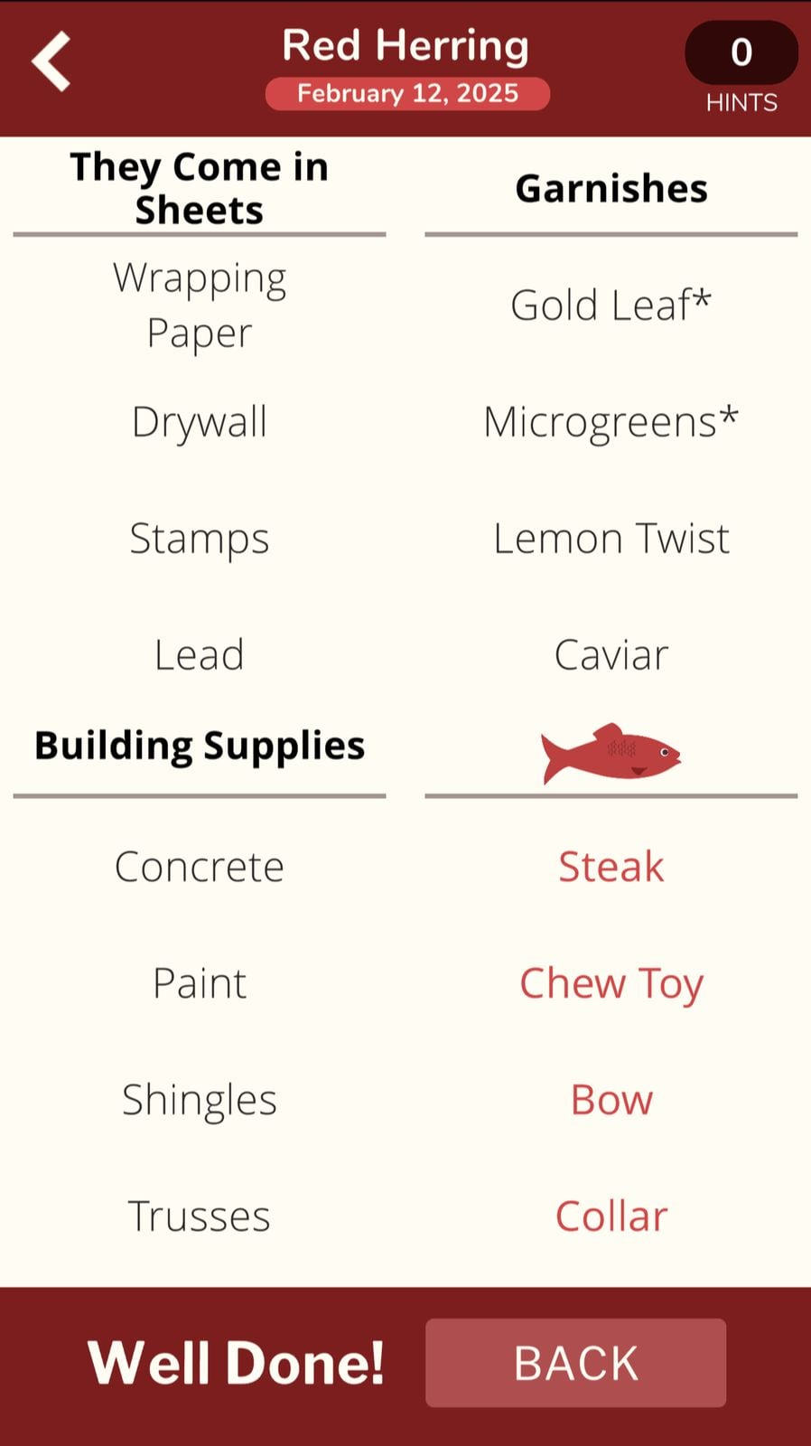 Red Herring game categories and completion screen.