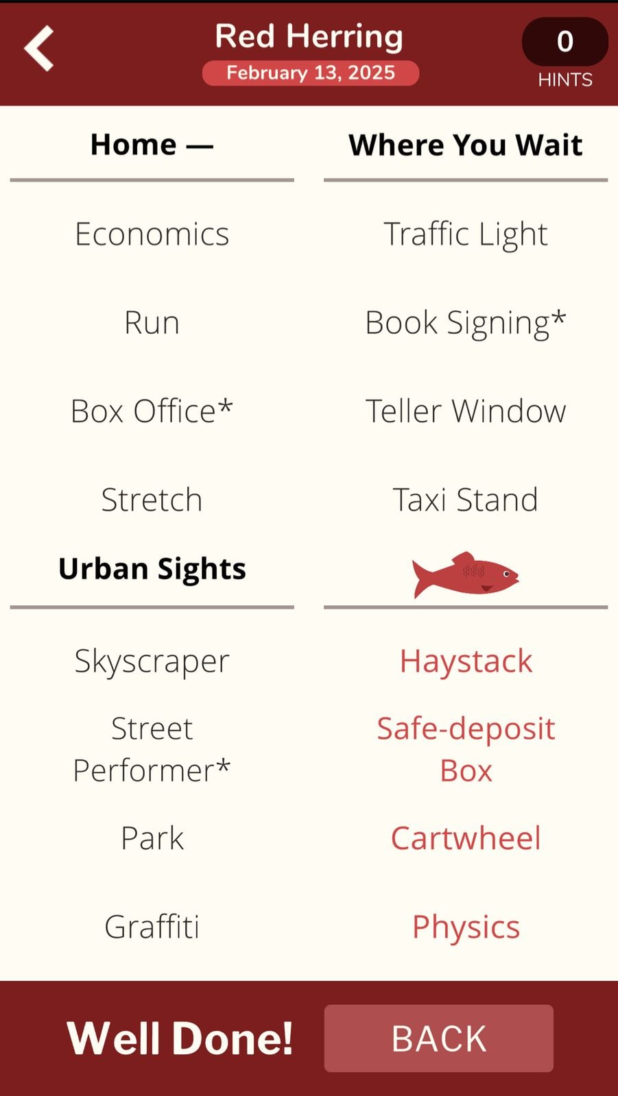 Red Herring game categories and completion screen.