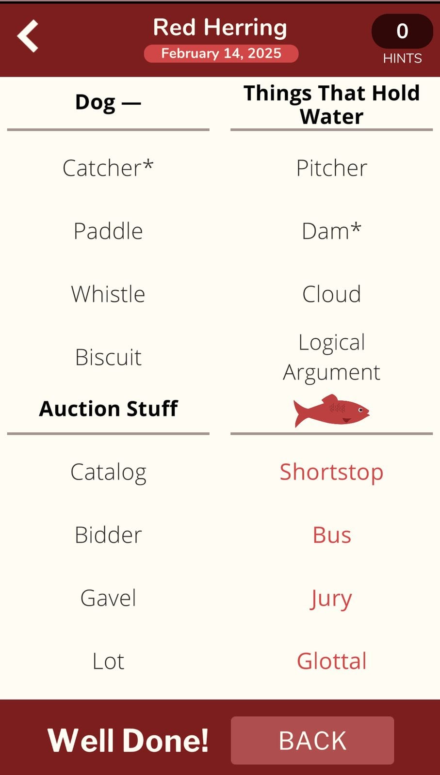 Red Herring word game categories and words list.