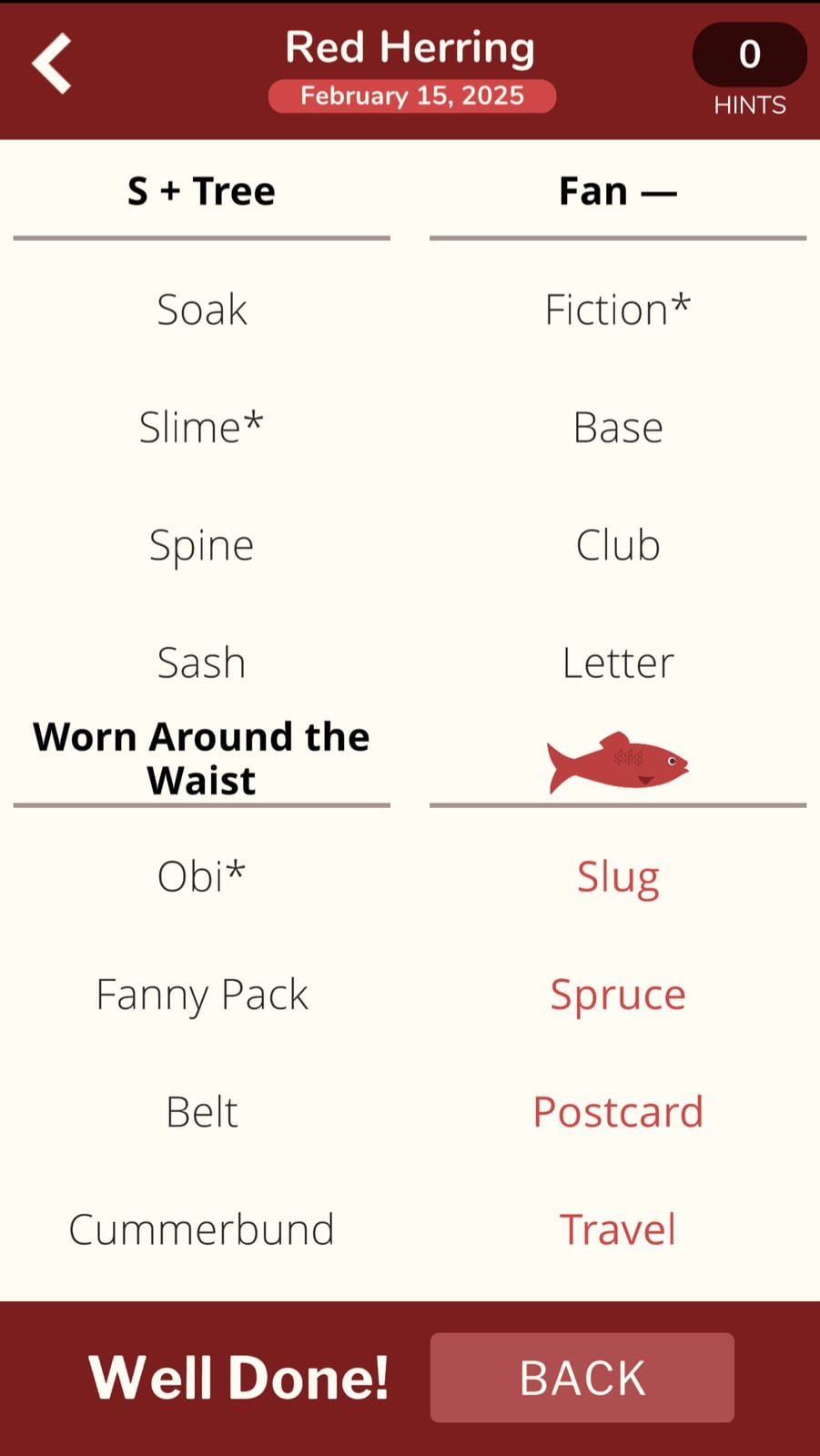 Red Herring game, list of word categories.