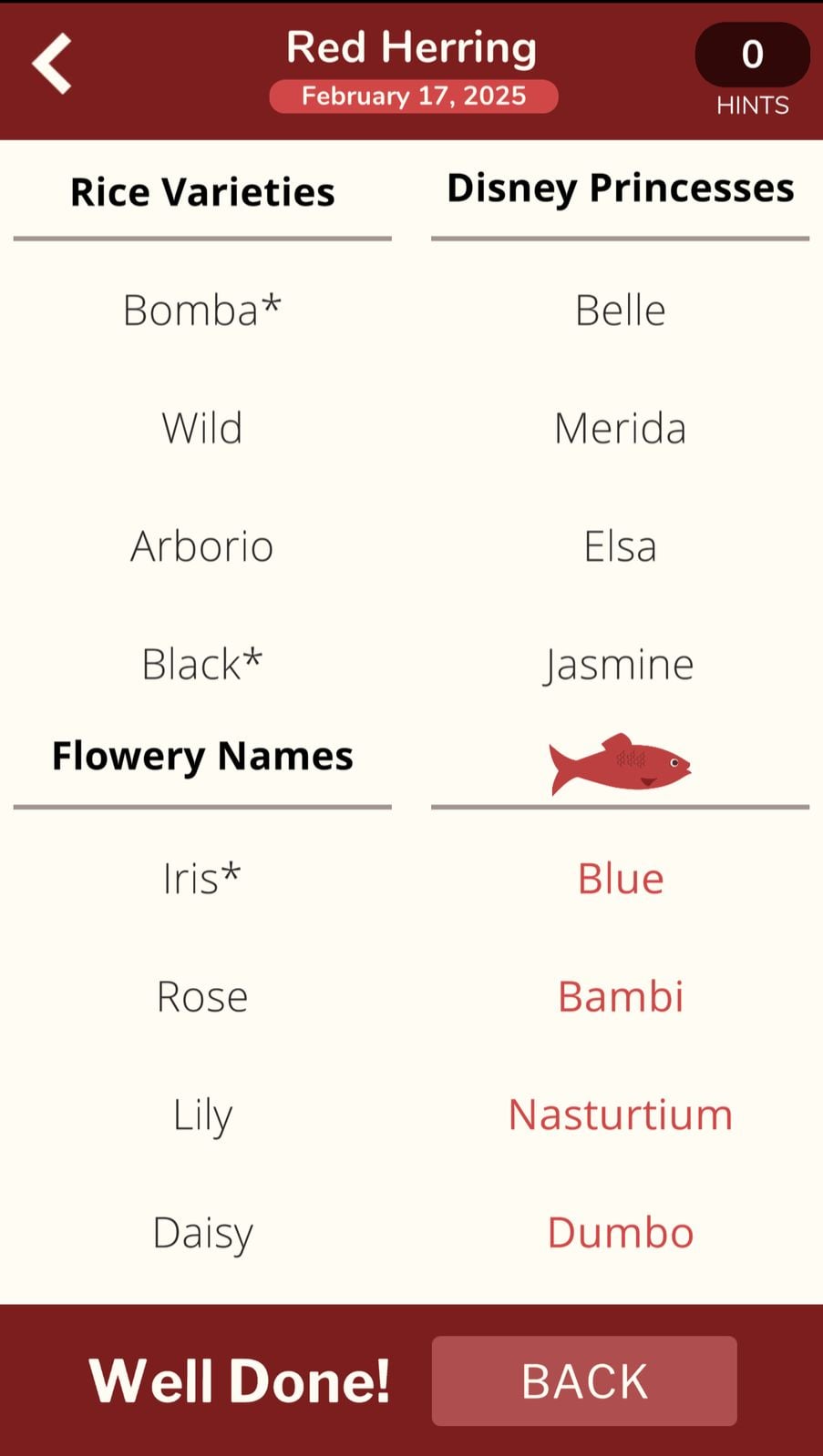 Red Herring game categories: rice, princesses, flowers.