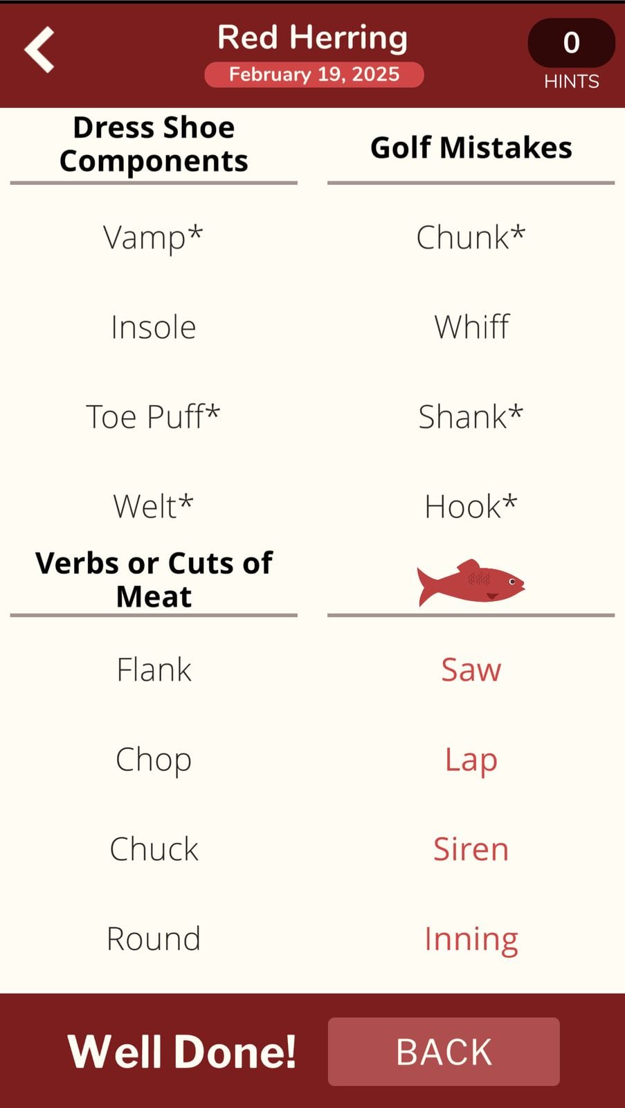 Red Herring game, categories with words, completion message.