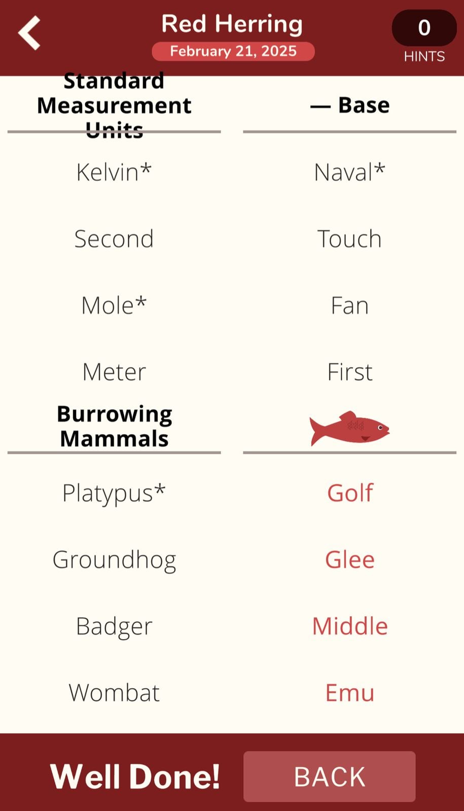 Red Herring game solved with categories and words.