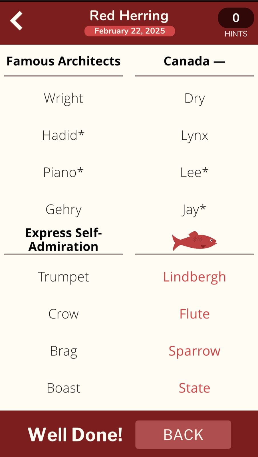 Red Herring puzzle, famous architects and Canada categories.