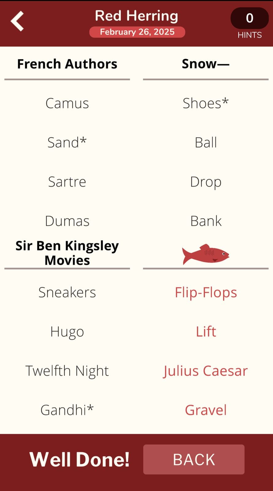 Red Herring puzzle game with word categories.