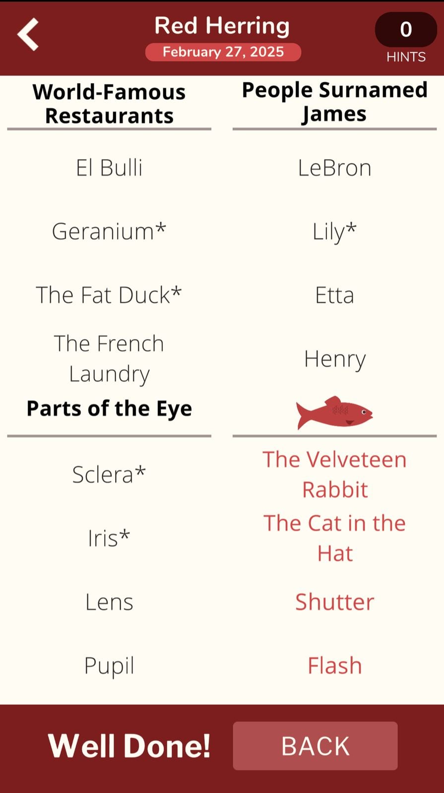 Red Herring puzzle with word categories and answers.
