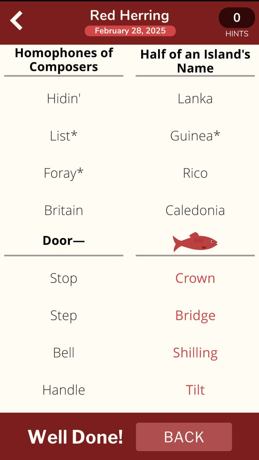 7 Little Words Red Herring February 28 2025 Red Herring puzzle with words and categories.