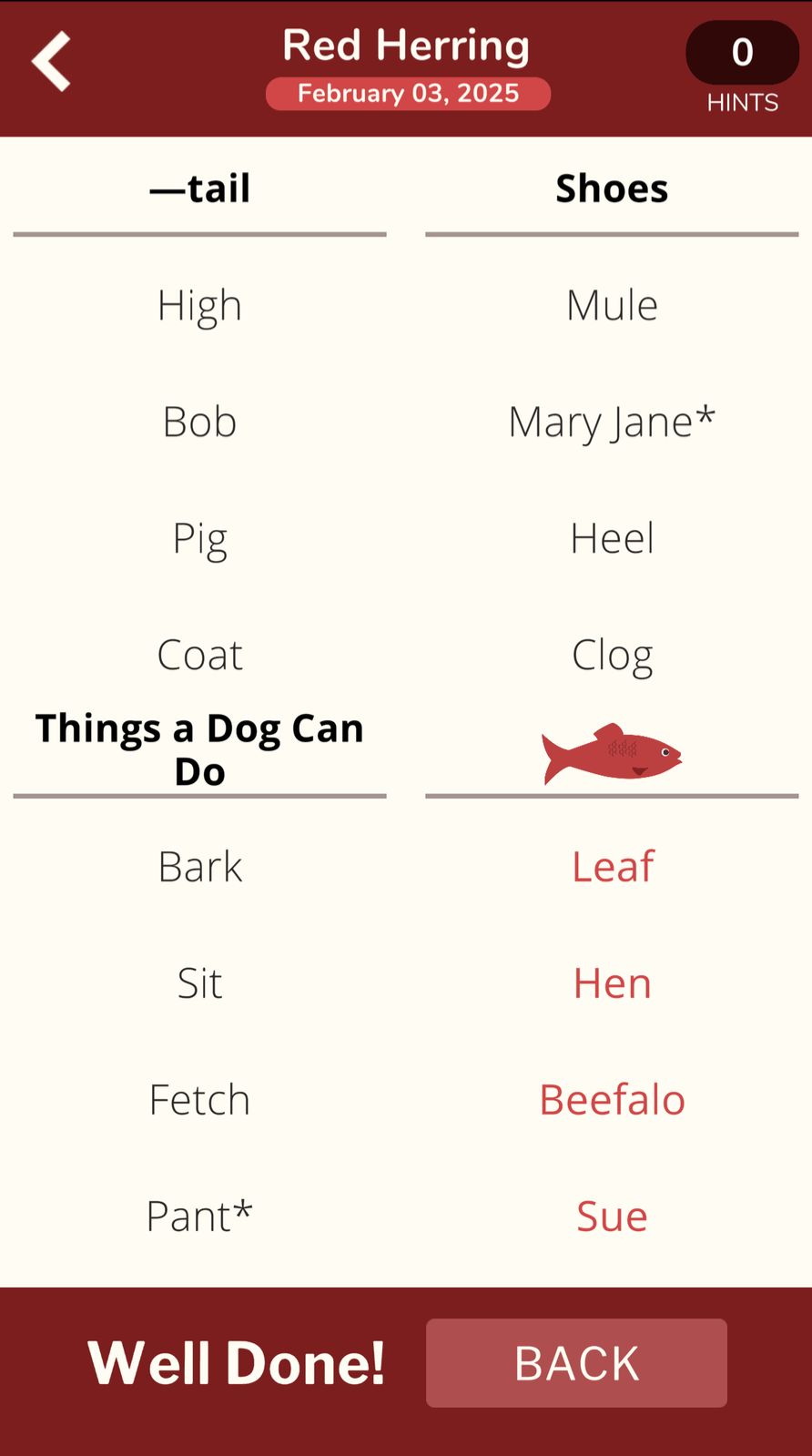 Red Herring game categories with words list.