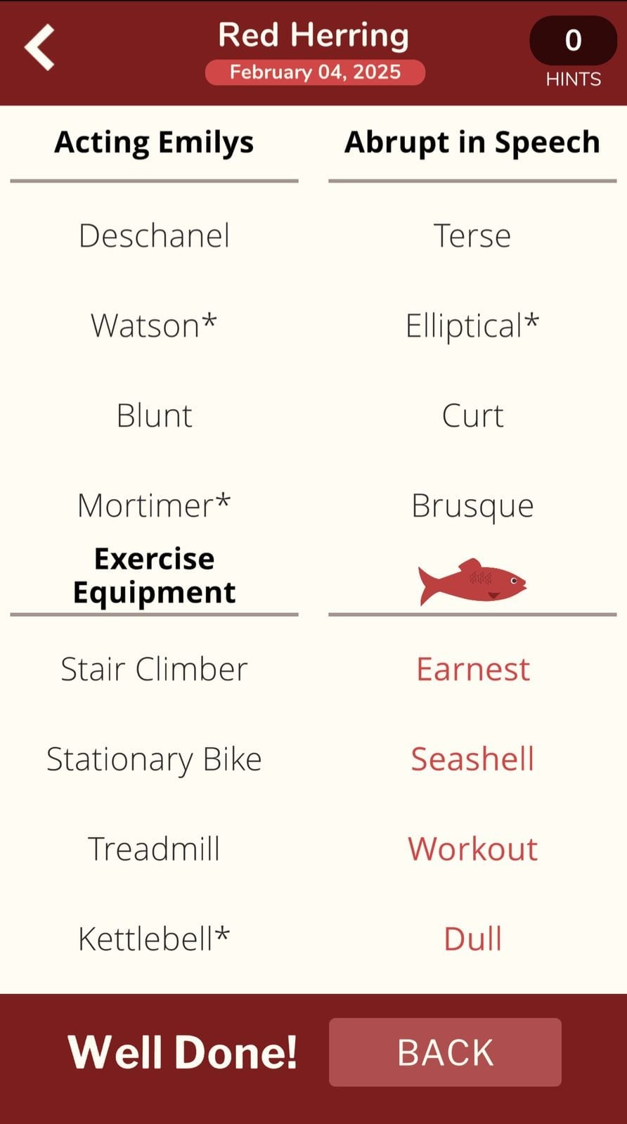 Red Herring Game, list categories, February 04, 2025.