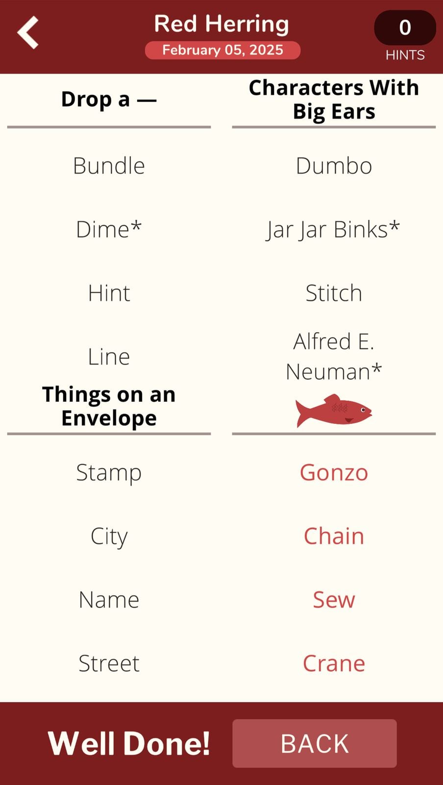 Red Herring puzzle with word categories and completion.