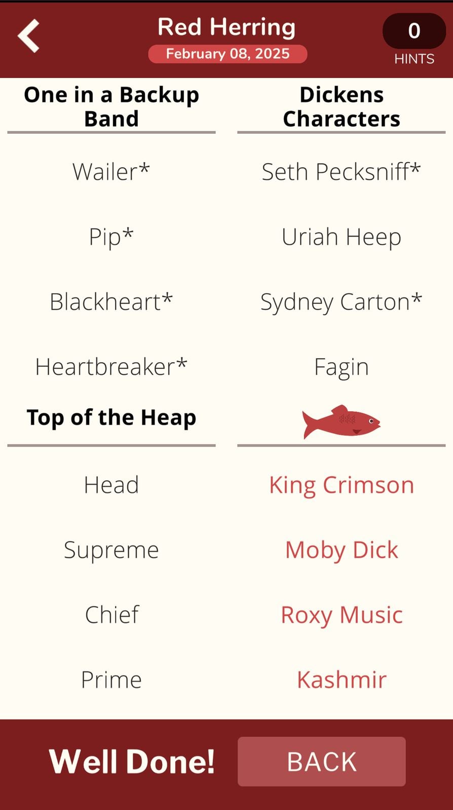 Red Herring puzzle completion screen with word categories.