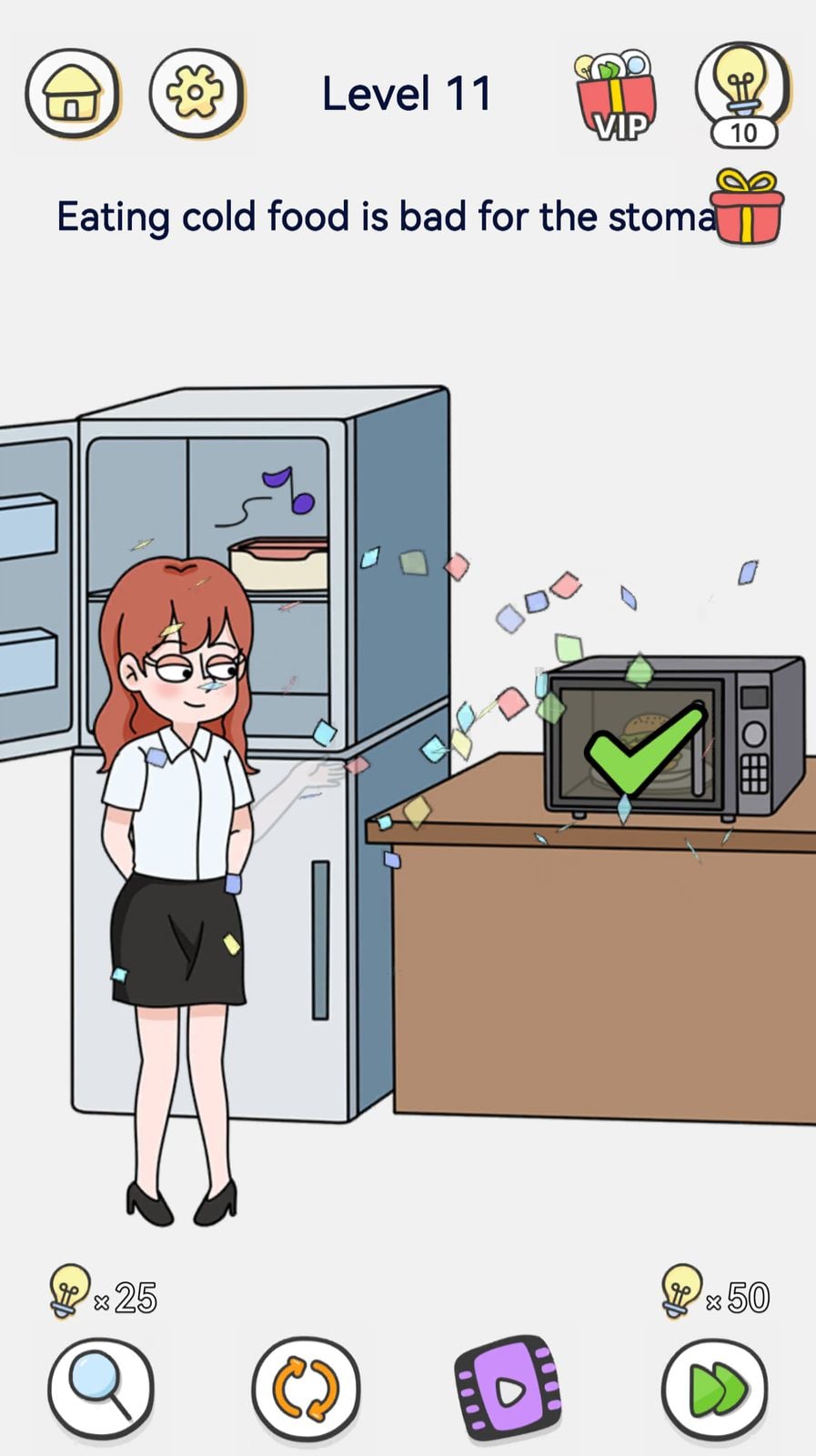 Woman stands near fridge and microwave with food.
