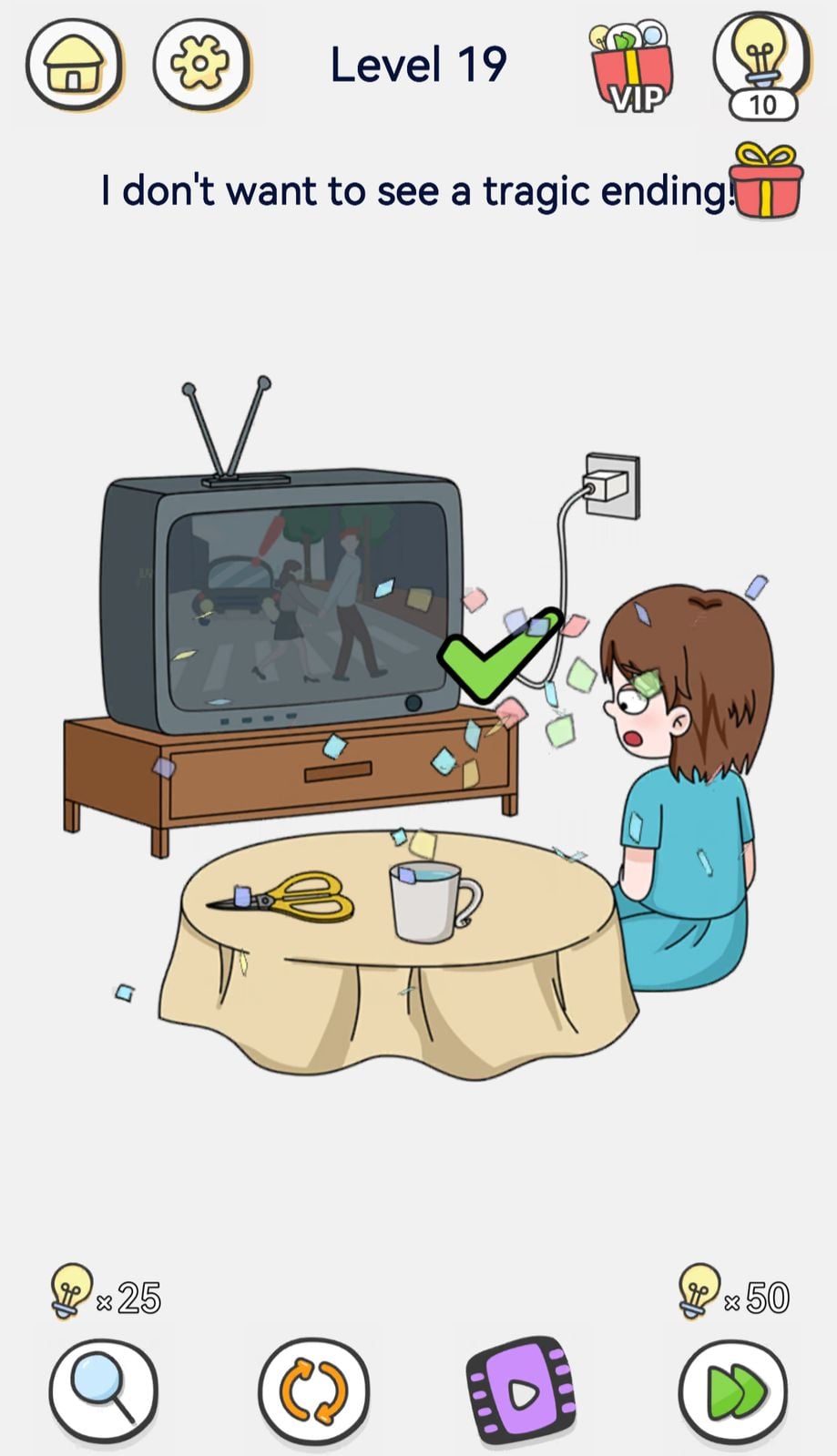 Cartoon character watching TV, avoiding tragic ending.