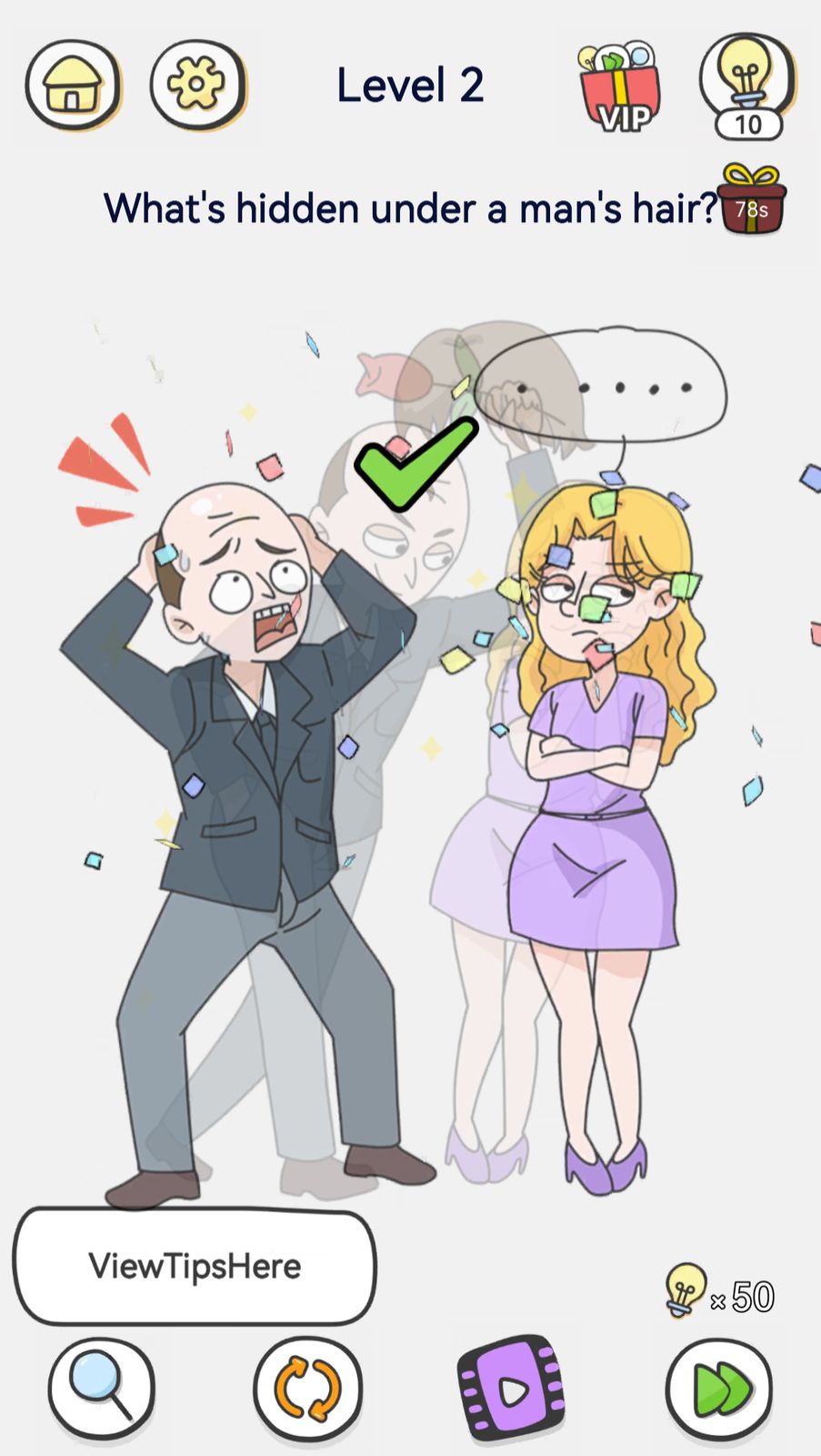 Cartoon man surprised, woman confused, level 2 puzzle.