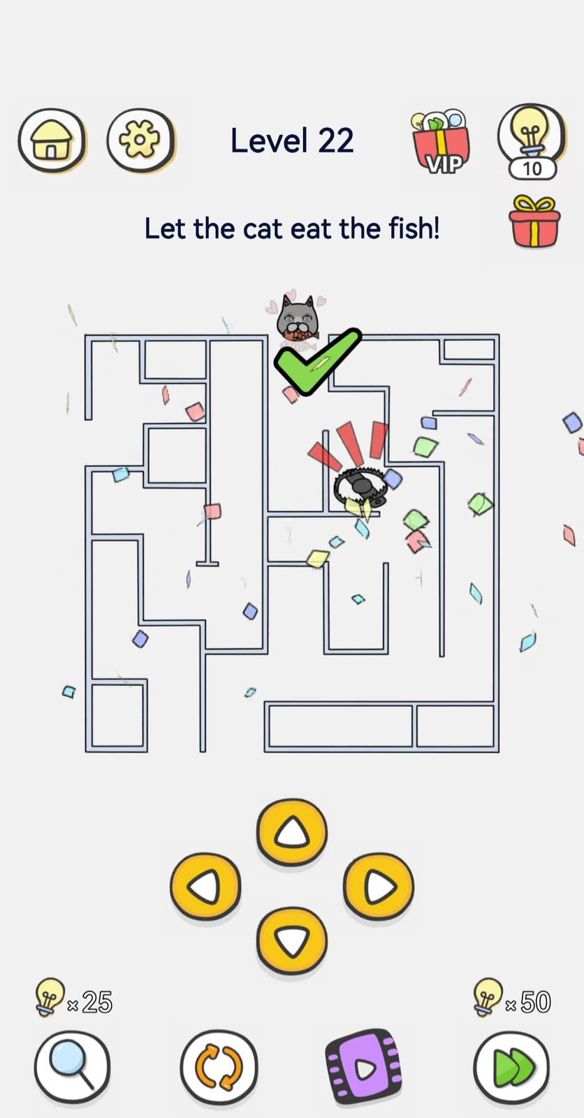Maze game level, cat eats fish