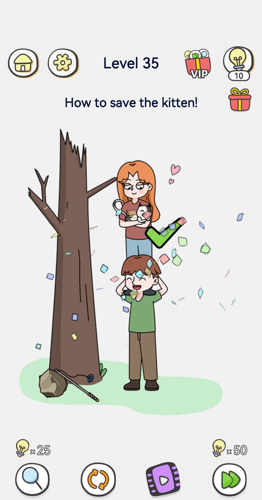 Cartoon girl rescues kitten from tree.