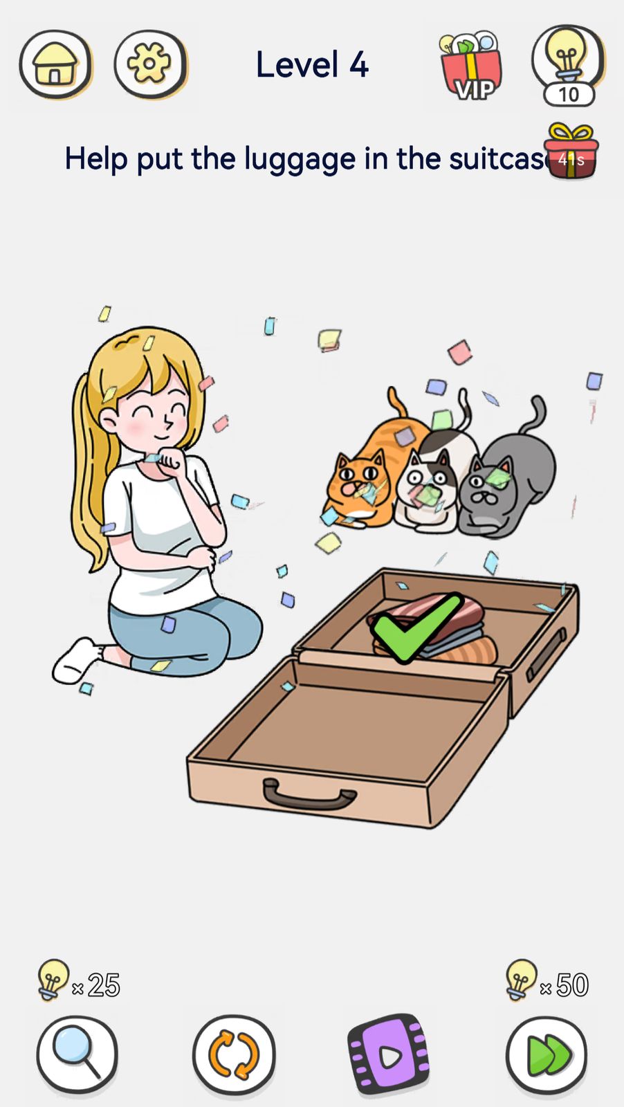 Girl packing luggage into suitcase with cats cheering.