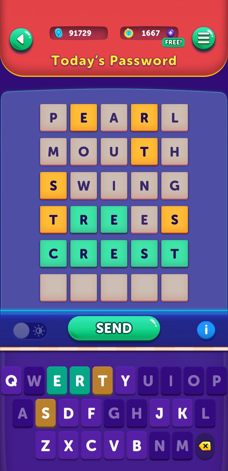 Word game interface with letter grid and keyboard.