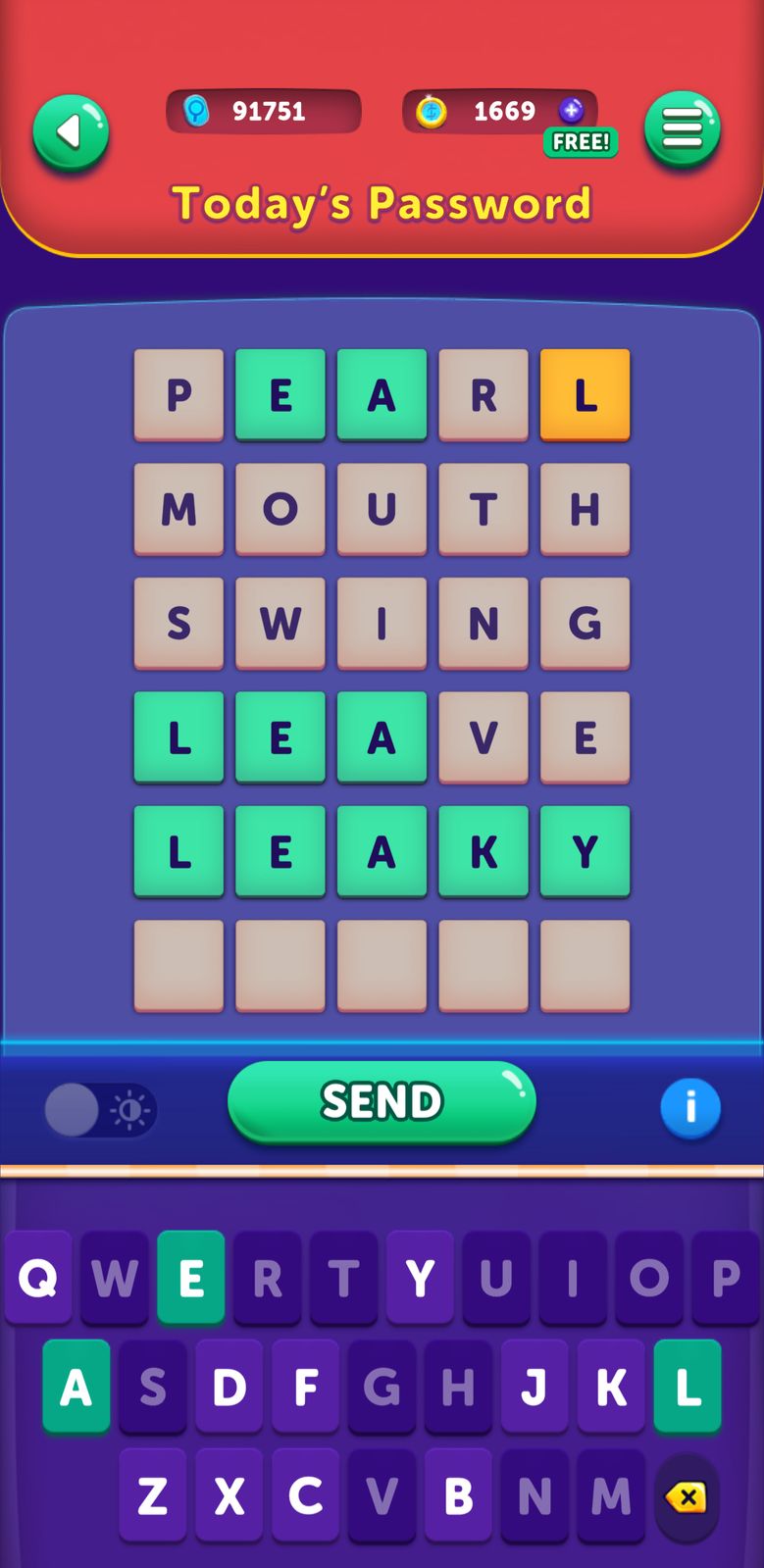 Word game interface with keyboard and words