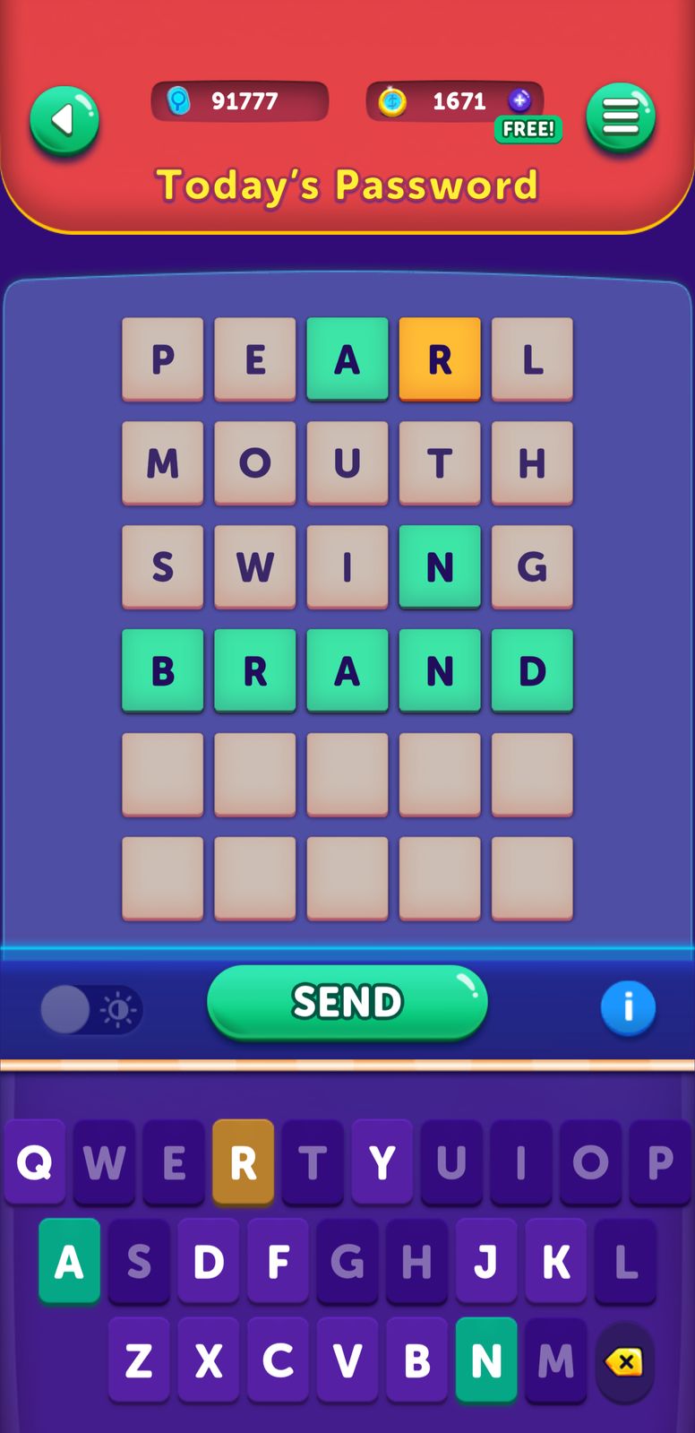 Word game puzzle with letter grid.