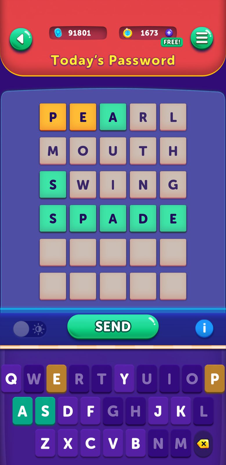Game screen showing password puzzle with keyboard.